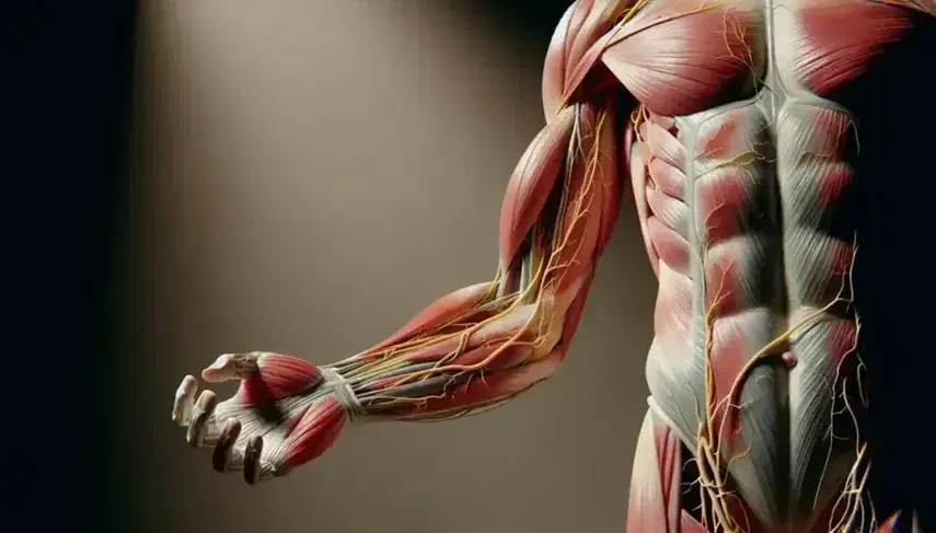 Vista anatómica detallada del miembro superior humano con músculos y tendones en tonos rojos y rosas, y fibras nerviosas amarillas destacadas.