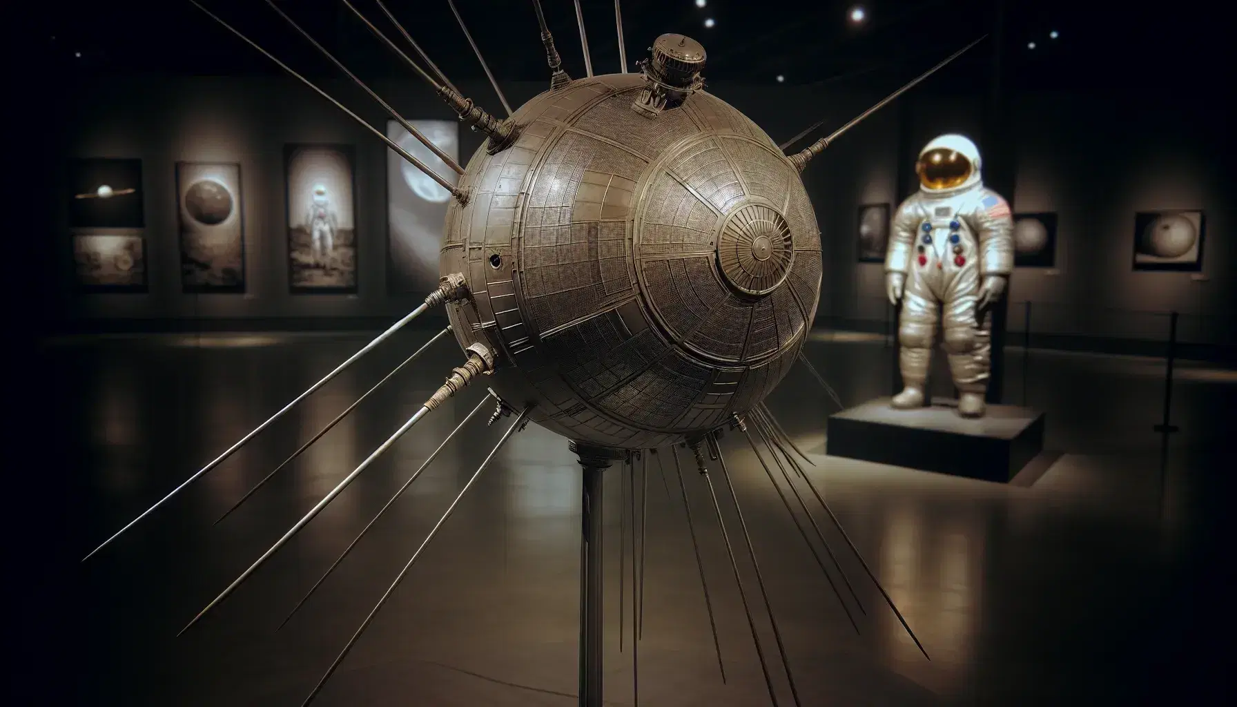 Sputnik 1 model with extended antennas in the foreground and a 1960s astronaut suit with gold visor in a museum setting, symbolizing the space race.