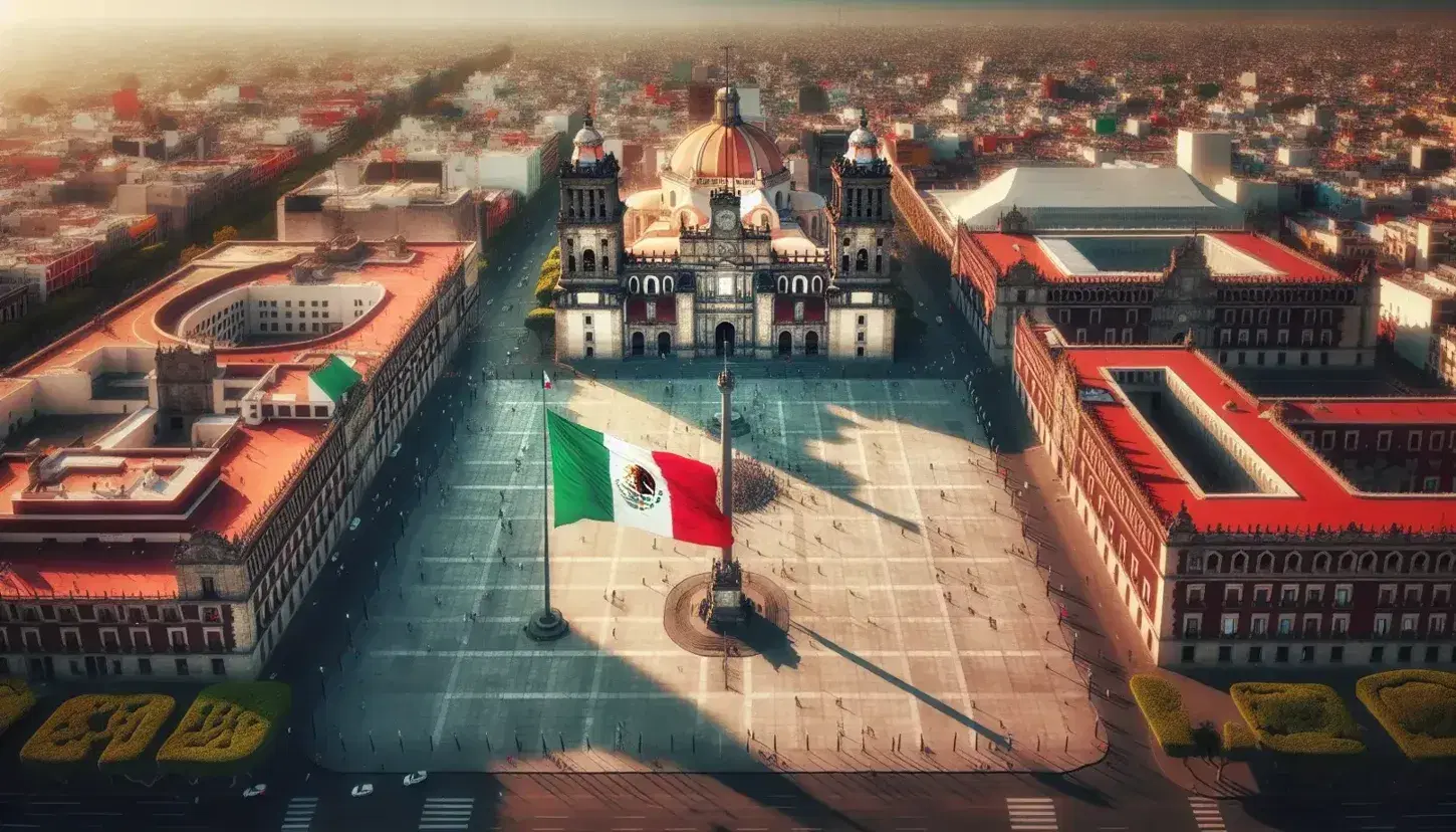 Vista aérea del Zócalo de la Ciudad de México con la bandera monumental, la Catedral Metropolitana y el Palacio Nacional rodeados de árboles.