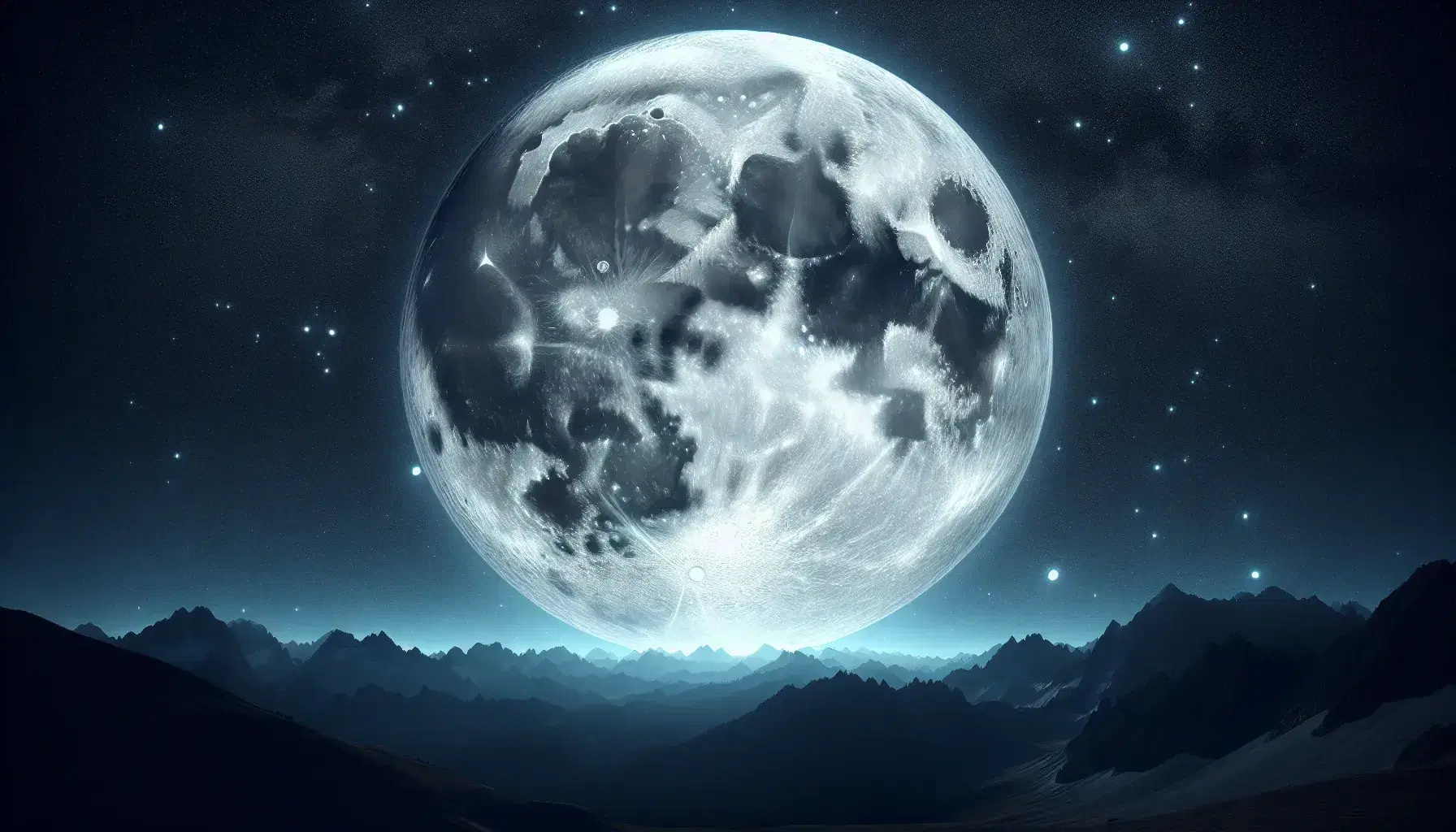 Luna piena dettagliata con crateri visibili in cielo notturno senza nuvole sopra silhouette montagne.