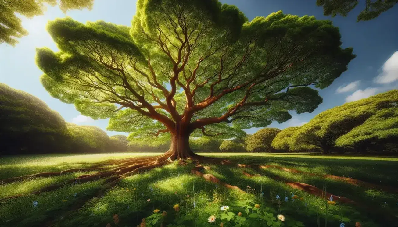 Árbol frondoso con tronco marrón y ramas cubiertas de hojas verdes en un prado con flores silvestres y cielo azul con nubes.