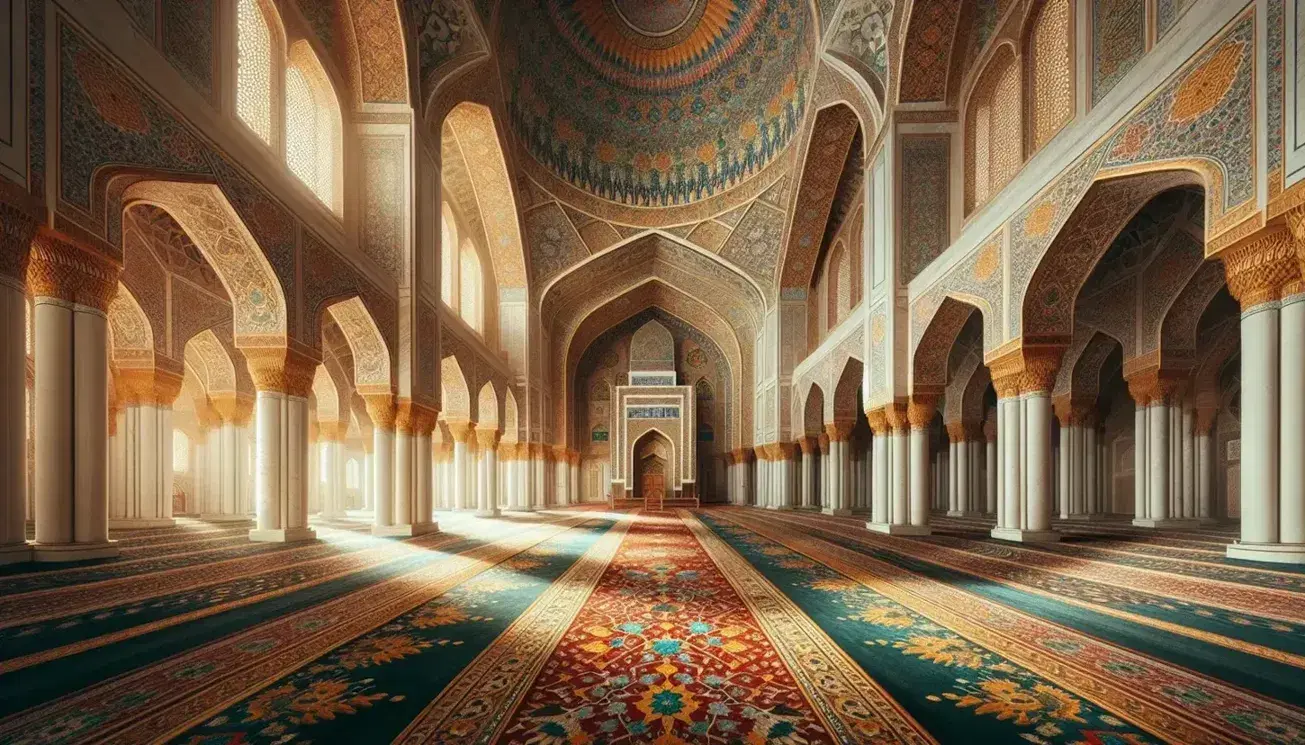 Interno di una moschea con tappeto rosso e colonne marmoree, mihrab decorato e cupola dorata, atmosfera serena e spirituale.