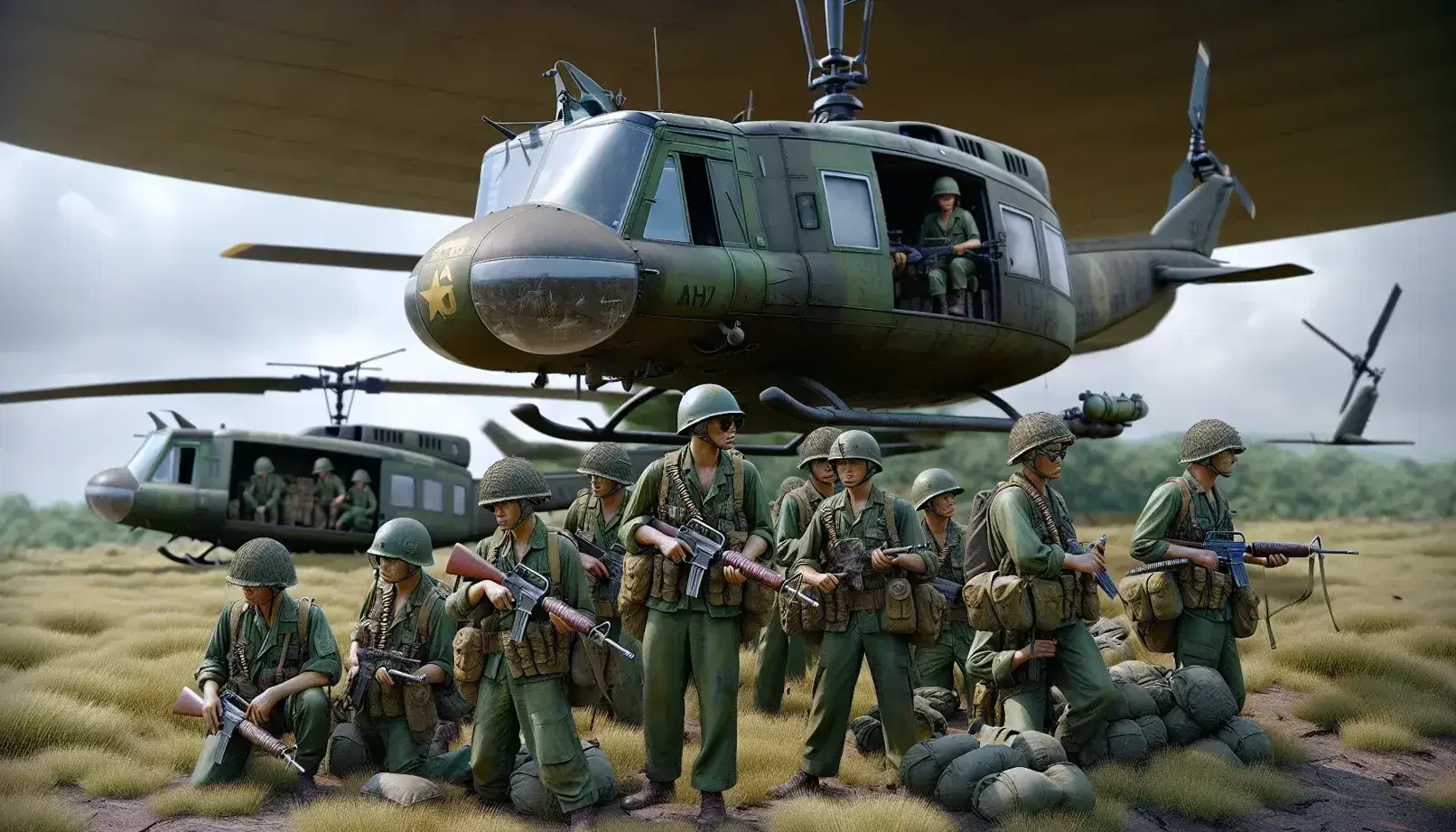 South Vietnamese soldiers in olive uniforms with M16s, near a camouflaged UH-1 Huey helicopter on a grassy field during the Vietnam War era.