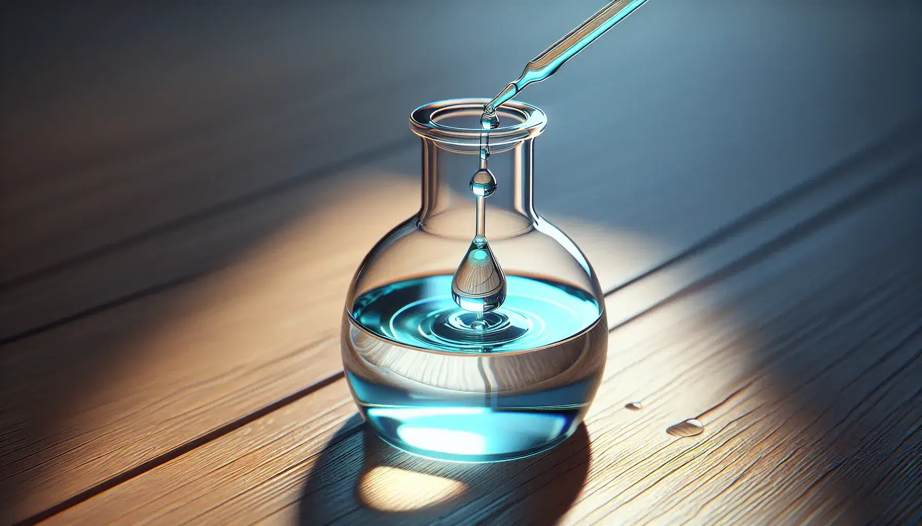 Clear glass flask on a wooden table with blue liquid drops from a dropper creating ripples, against a blurred background, highlighting a scientific experiment.