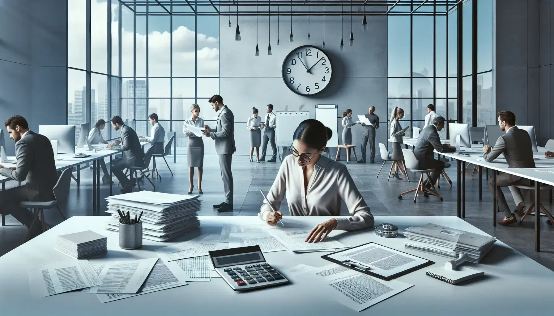 Diverse office staff engaged in work, with a Middle-Eastern woman analyzing papers, colleagues discussing by a whiteboard, and a clock above an empty desk.