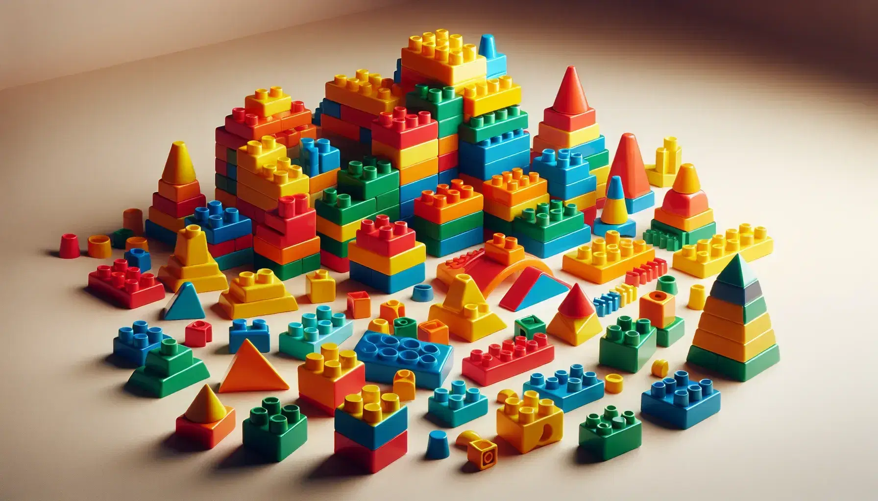 Bloques de construcción de plástico coloridos en forma de torre, con piezas rectangulares, cuadradas y triangulares sobre superficie clara.
