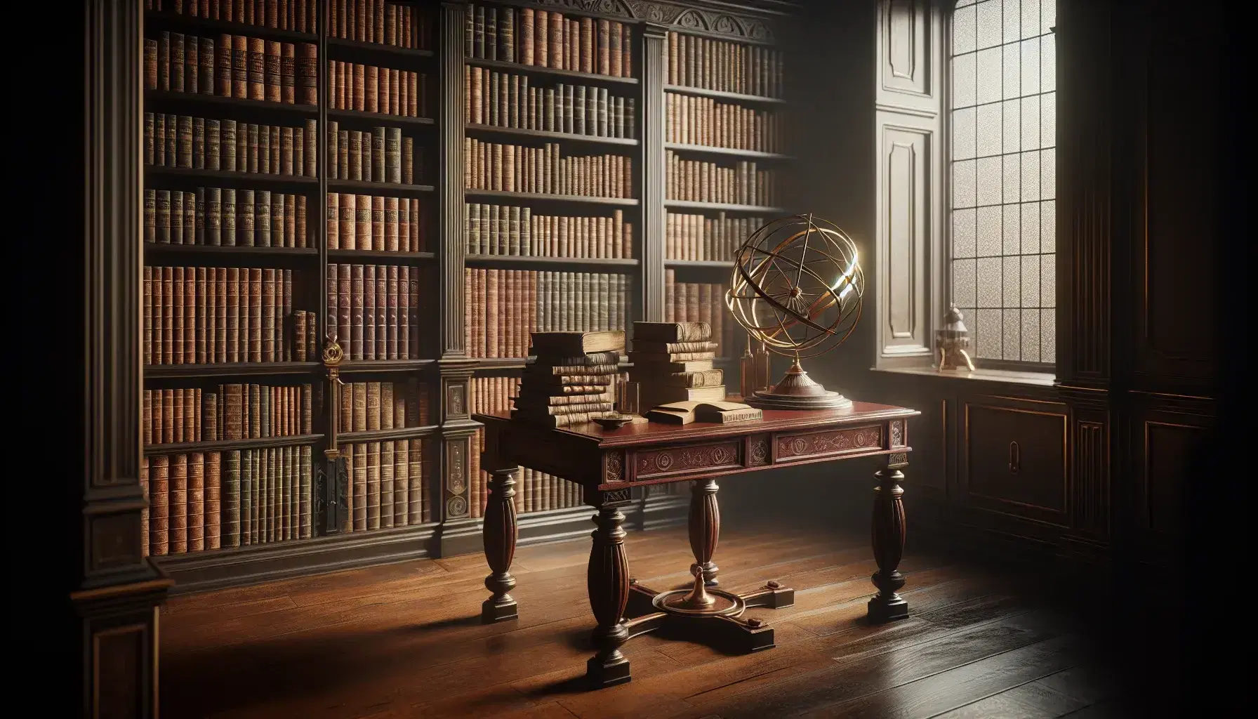 Biblioteca antigua con estanterías de madera oscura llenas de libros, mesa central con libros apilados y esfera armilar, iluminada por lámpara de pie y luz natural.