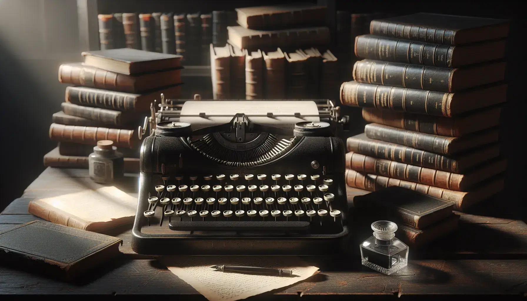 Primo piano di una macchina da scrivere vintage su tavolo scuro, con libri antichi sfocati e calamaio accanto a fogli ingialliti.