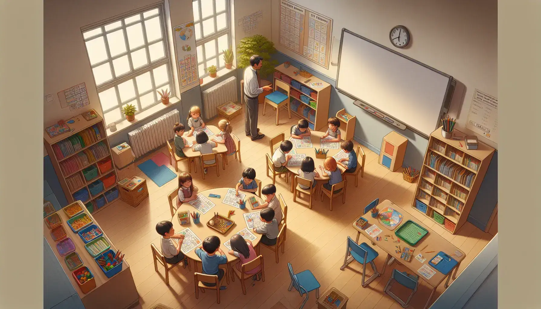 Aula de primaria con niños dibujando en mesa redonda, maestro asistiendo y estantes con libros y juegos educativos.