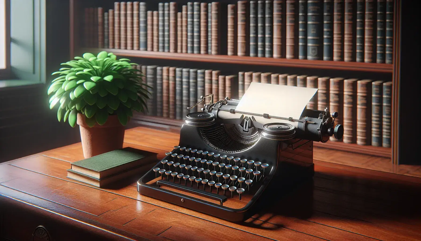 Vintage typewriter with blank paper on a mahogany desk beside a potted plant, with a blurred bookshelf in the background.