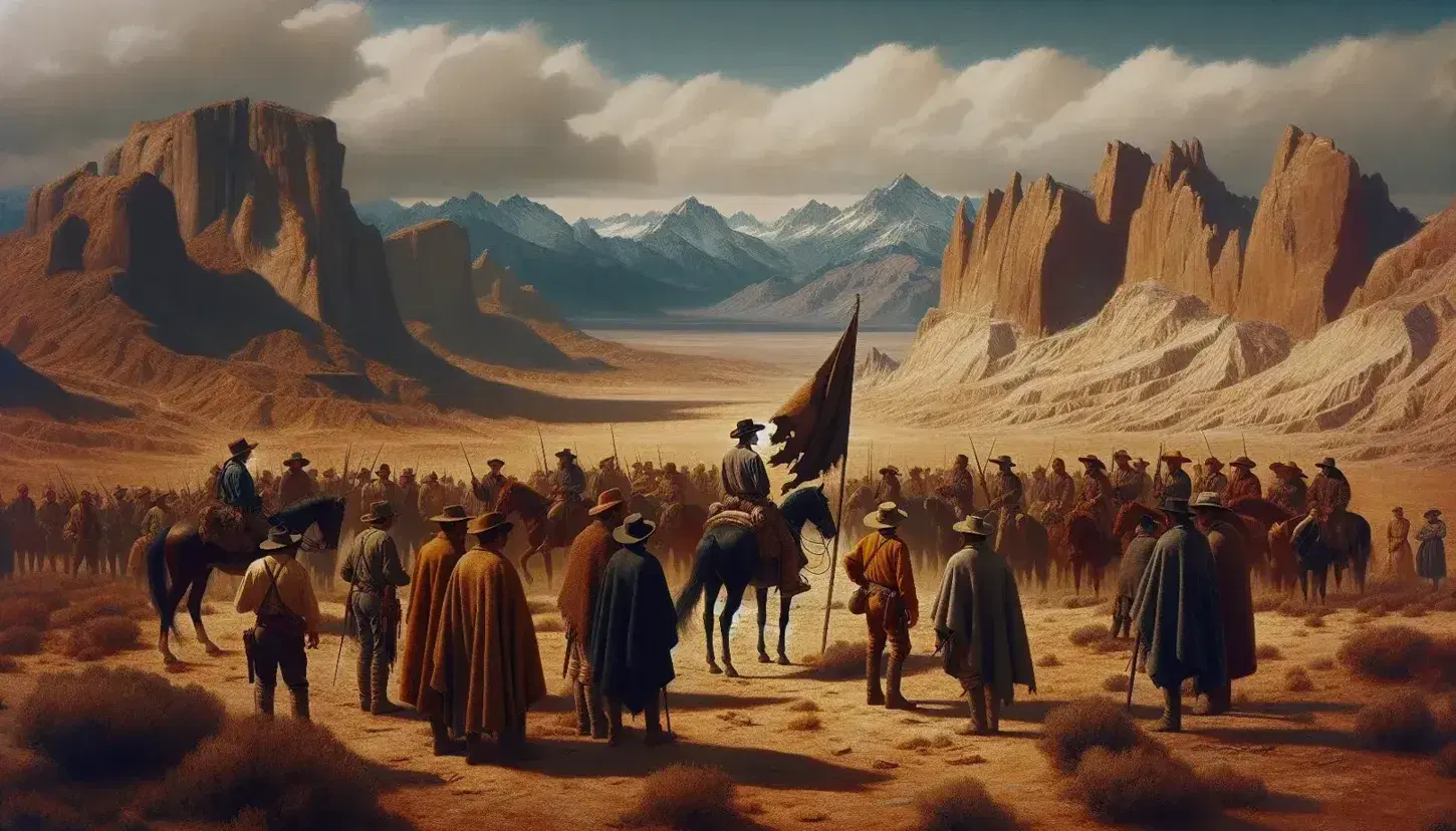 Grupo de personas con vestimenta de época en terreno montañoso, algunas a caballo, sosteniendo una bandera, bajo un cielo azul con nubes.