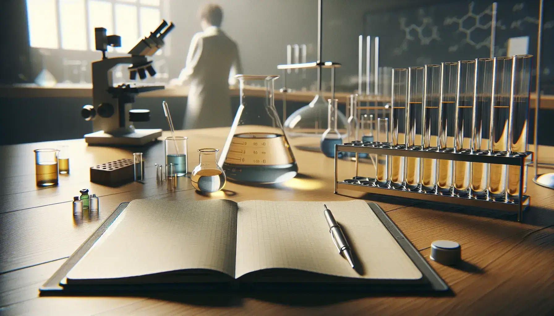Laboratory scene with a notebook, beaker with transparent liquid, test tubes in a rack, and a scientist examining a microscope in the background.
