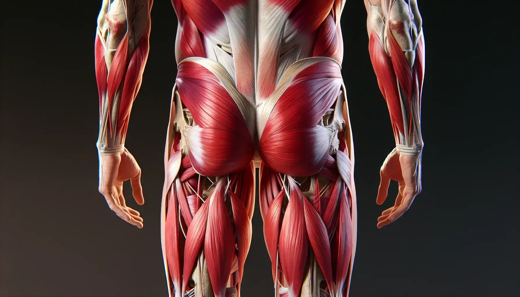 Vista trasera de anatomía humana mostrando músculos de la cadera y muslo con piel transparente, destacando glúteos, piriformis y músculos isquiotibiales.