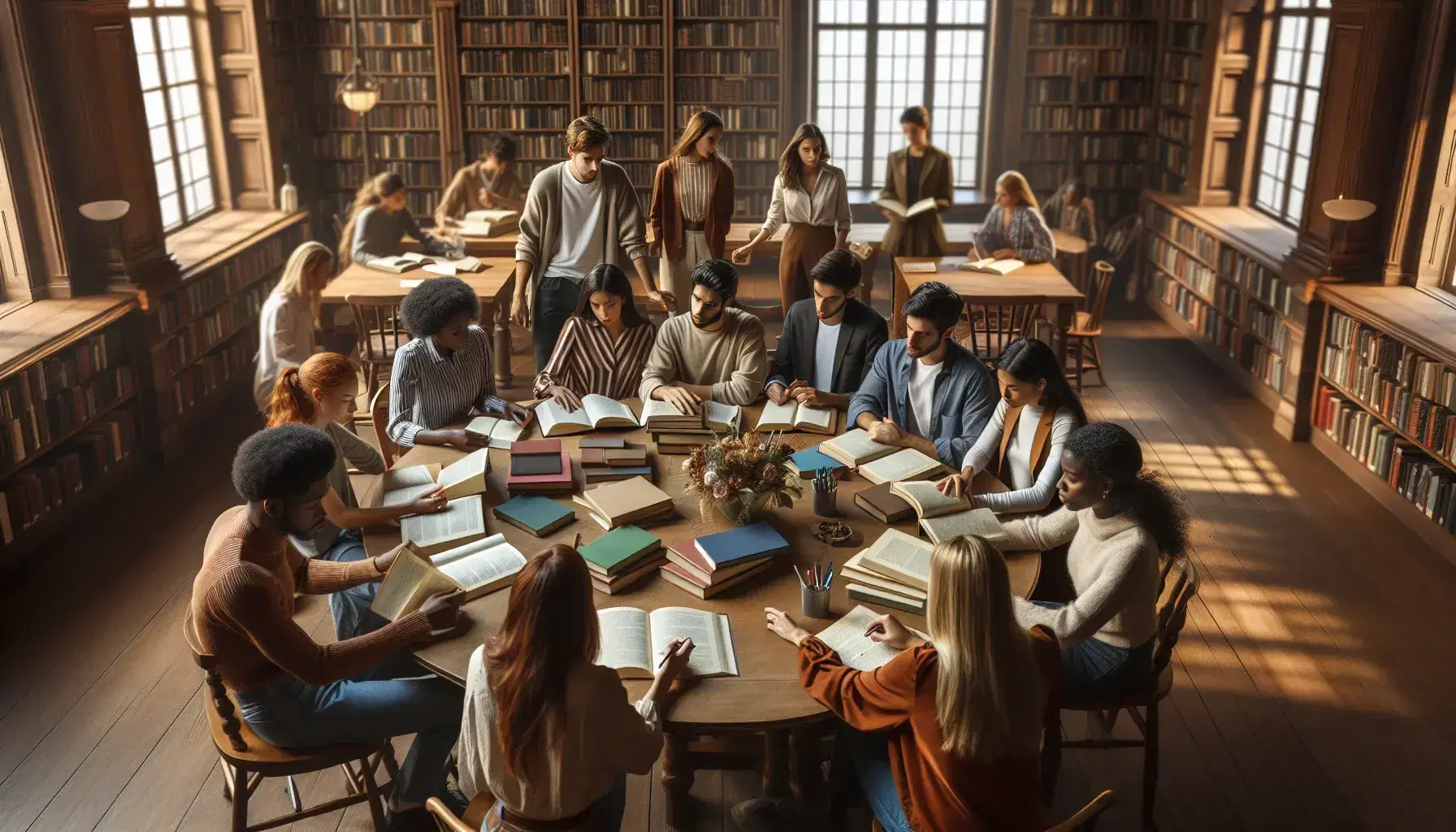 Grupo diverso de estudiantes colaborando en proyecto de investigación en biblioteca iluminada, rodeados de libros y tomando notas.