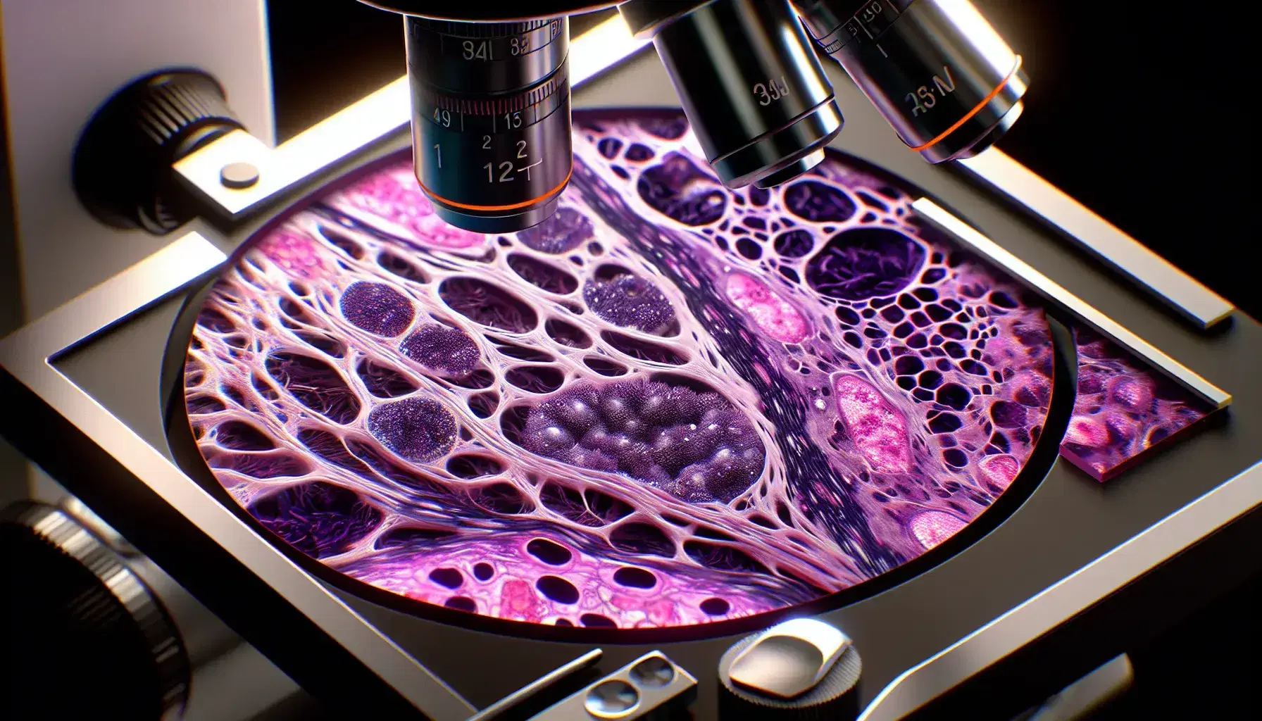 Microscopic slide with colored tissue in cell cycle phases, nuclei highlighted in purple on a blurred background, metallic details of the microscope.