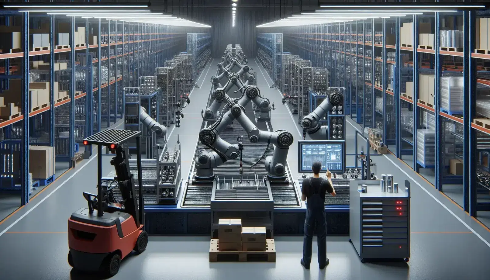 Linea di assemblaggio automatizzata con bracci robotici in azienda manifatturiera moderna, operatore e carrello elevatore con pallet.