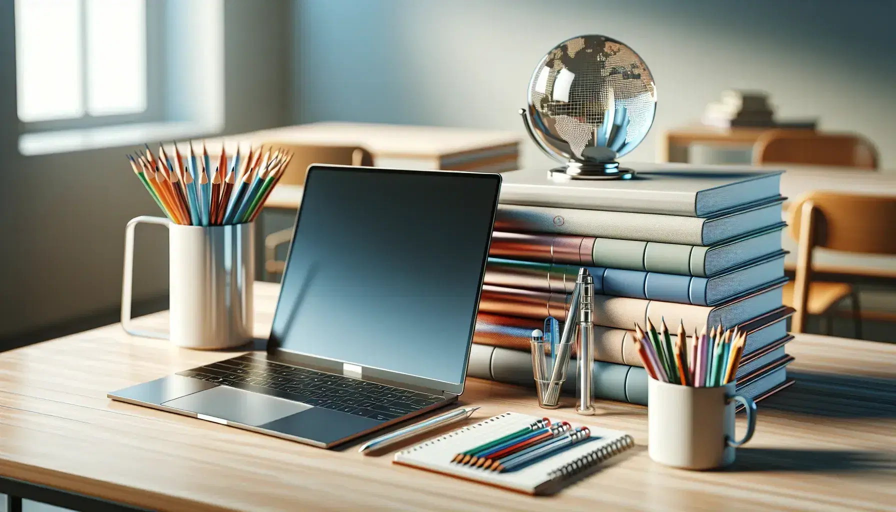 Tidy classroom desk with modern laptop, white cup with pens, stacked books without titles, glass sphere and green plant on blurred blackboard background.
