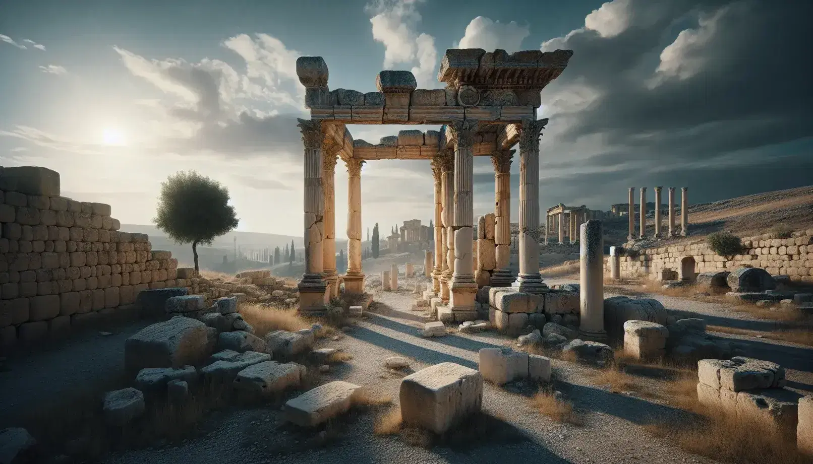 Rovine romane antiche con colonne doriche e frammenti di architrave sotto un cielo azzurro con nuvole sparse, circondate da vegetazione.