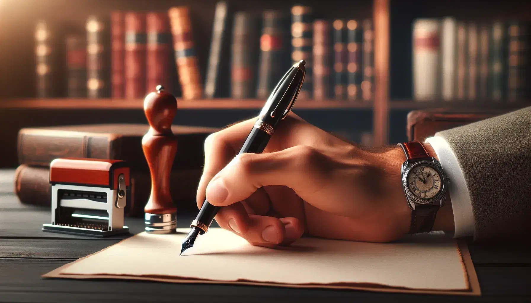 Mano che impugna una stilografica nera con dettagli dorati su foglio bianco, orologio con cinturino marrone, timbro e calamaio su scrivania in legno.