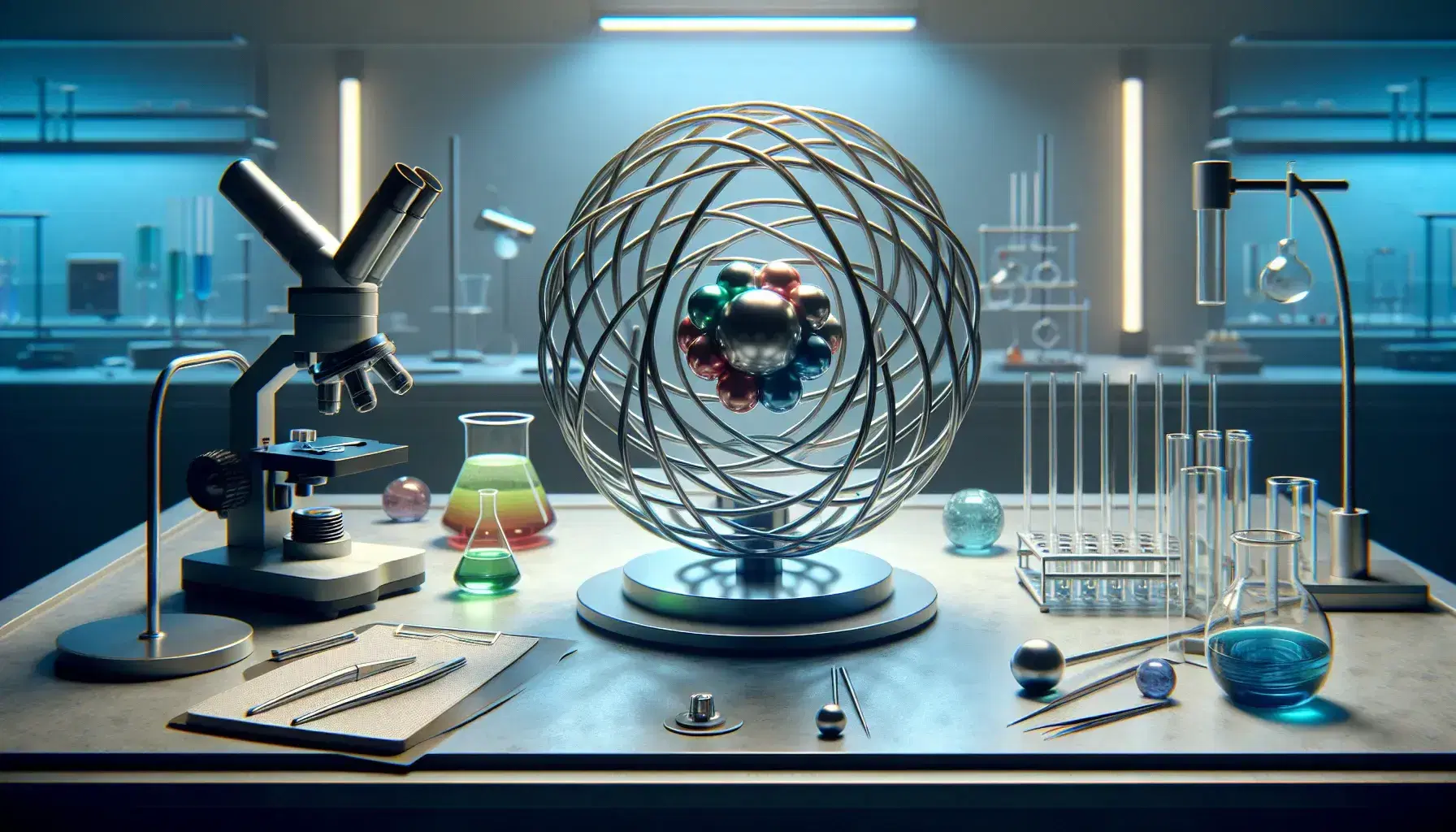Three-dimensional atomic model with concentric layers in a lab setting, surrounded by a microscope, tweezers, and a beaker with clear liquid.