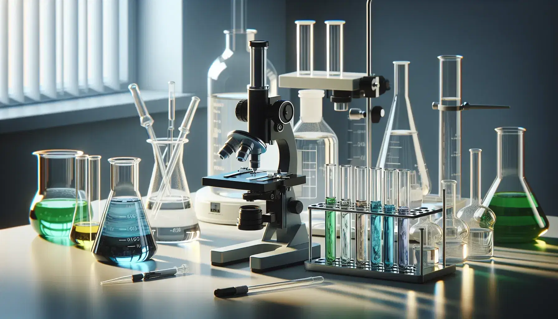 Laboratorio científico con microscopio, tubos de ensayo con líquidos de colores y frascos de vidrio sobre mesa iluminada.