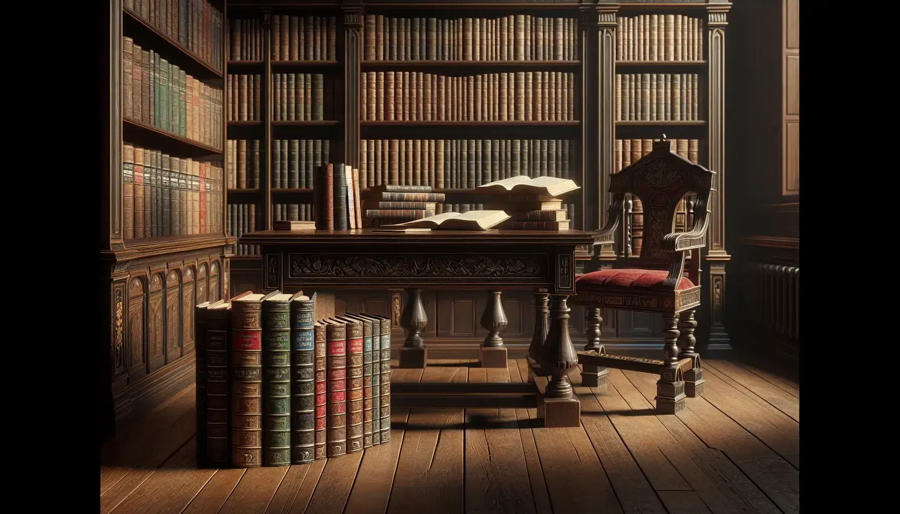 Biblioteca antigua con mesa de madera oscura y libros de tapa dura apilados, silla tallada con cojín rojo y estantes repletos de libros en un ambiente iluminado suavemente.