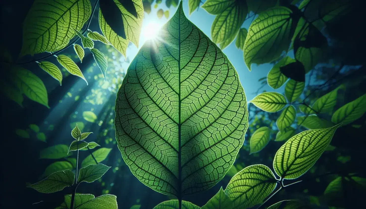 Hoja verde vibrante con textura detallada y bordes dentados, iluminada por la luz del sol con fondo desenfocado de cielo azul y vegetación.