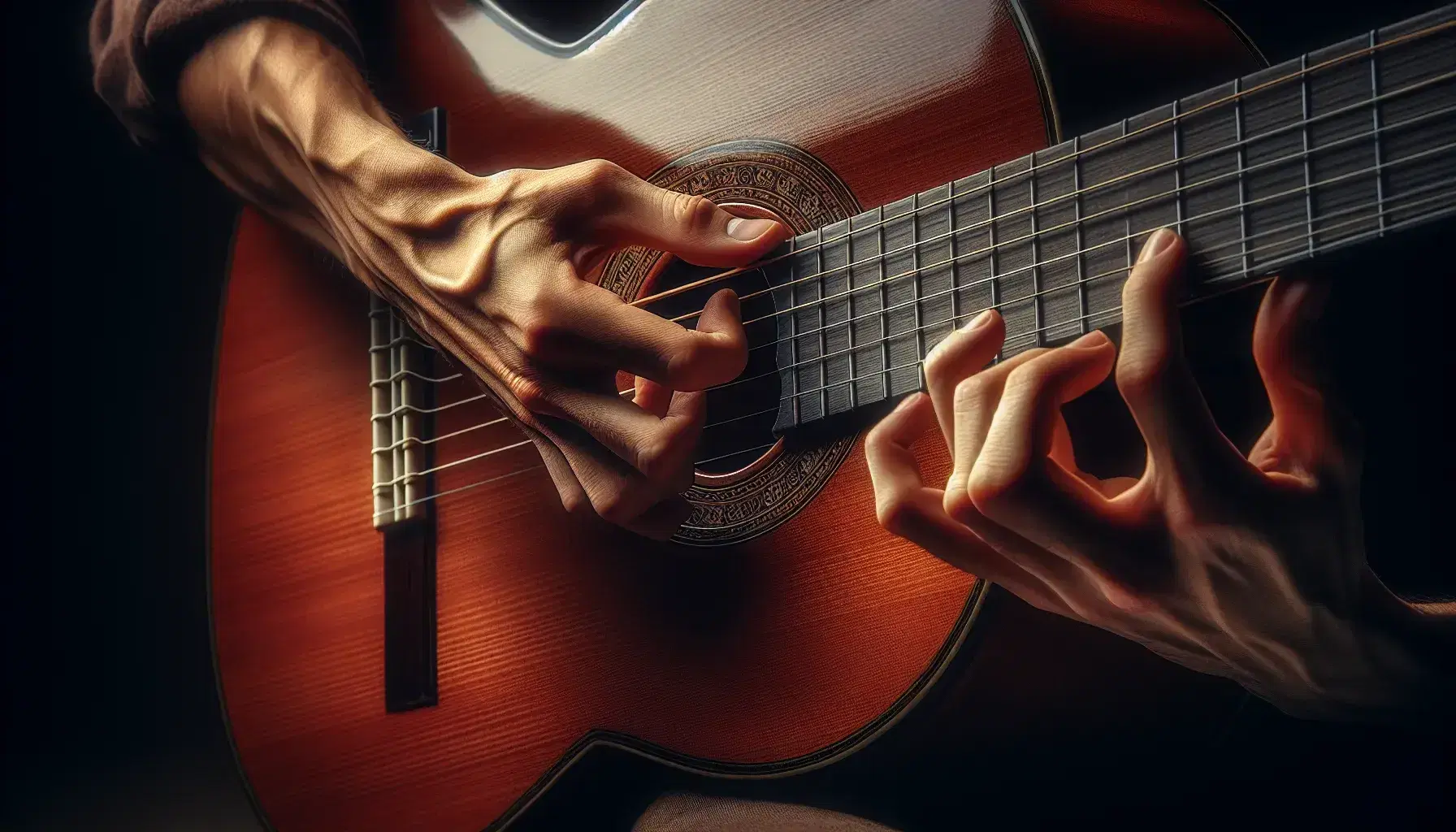 Close-up of hands playing a classical guitar, with fingers pressing and plucking the strings on a polished wooden body under warm light.