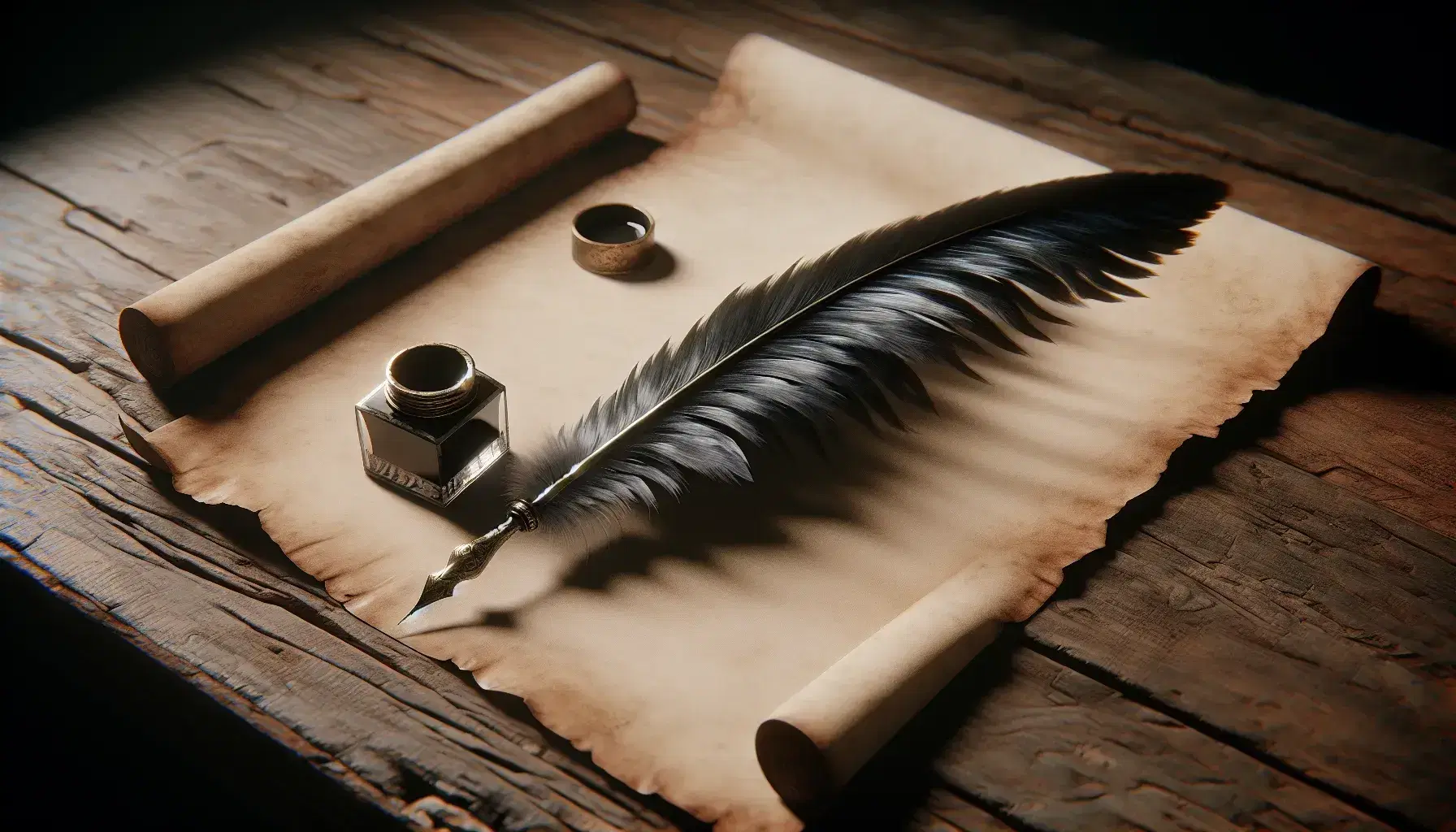 Quill pen with iridescent sheen and ink drop on blank parchment paper, beside a brass inkwell, on an antique wooden desk with soft lighting.