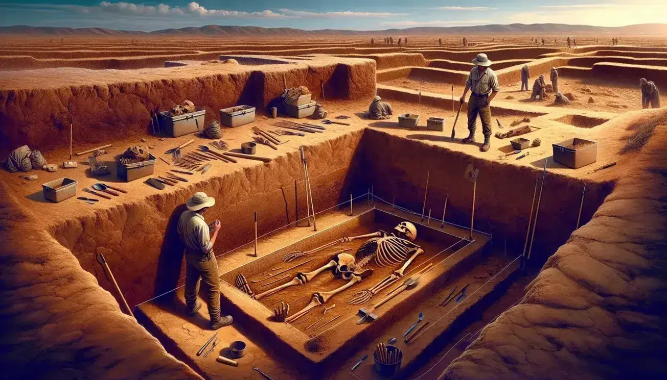 Excavación arqueológica con esqueleto humano parcialmente descubierto en trinchera, rodeado de herramientas, bajo cielo azul con dos investigadores al fondo.