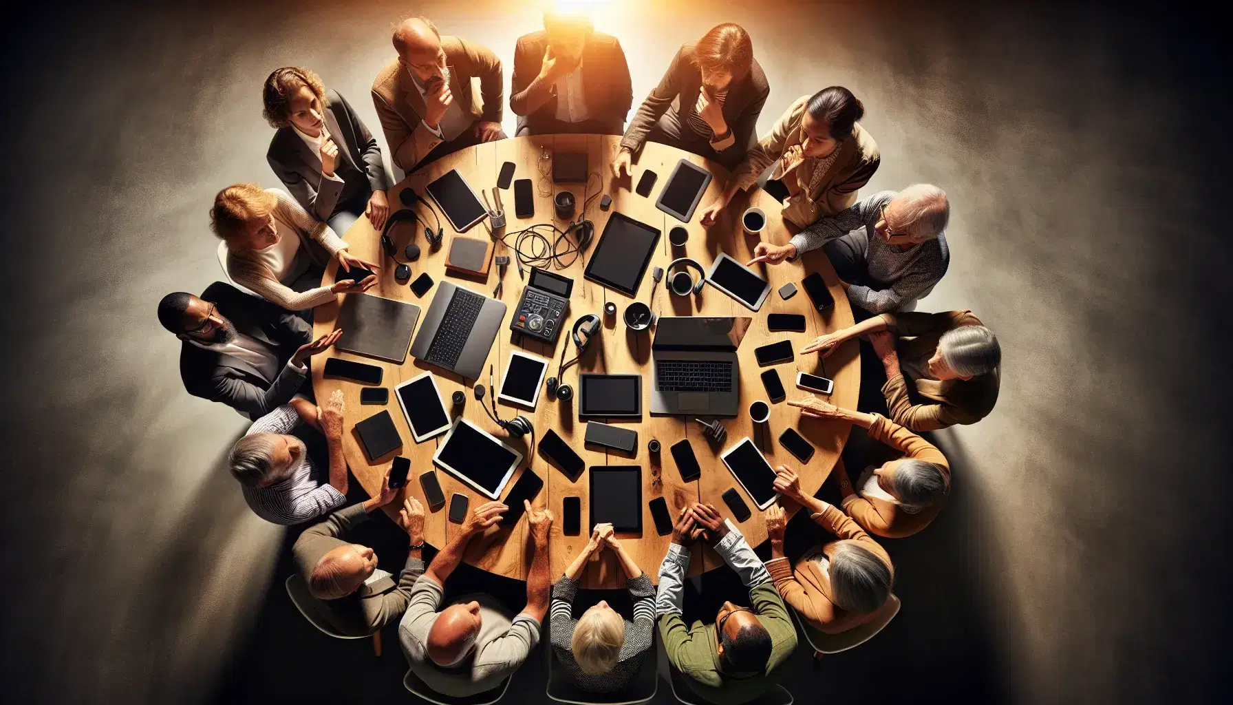 Grupo diverso de personas discutiendo animadamente alrededor de una mesa con dispositivos electrónicos apagados en el centro.