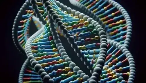 Three-dimensional model of double helix DNA with colored nitrogenous bases that respect the pairing rules, on a blurred background.