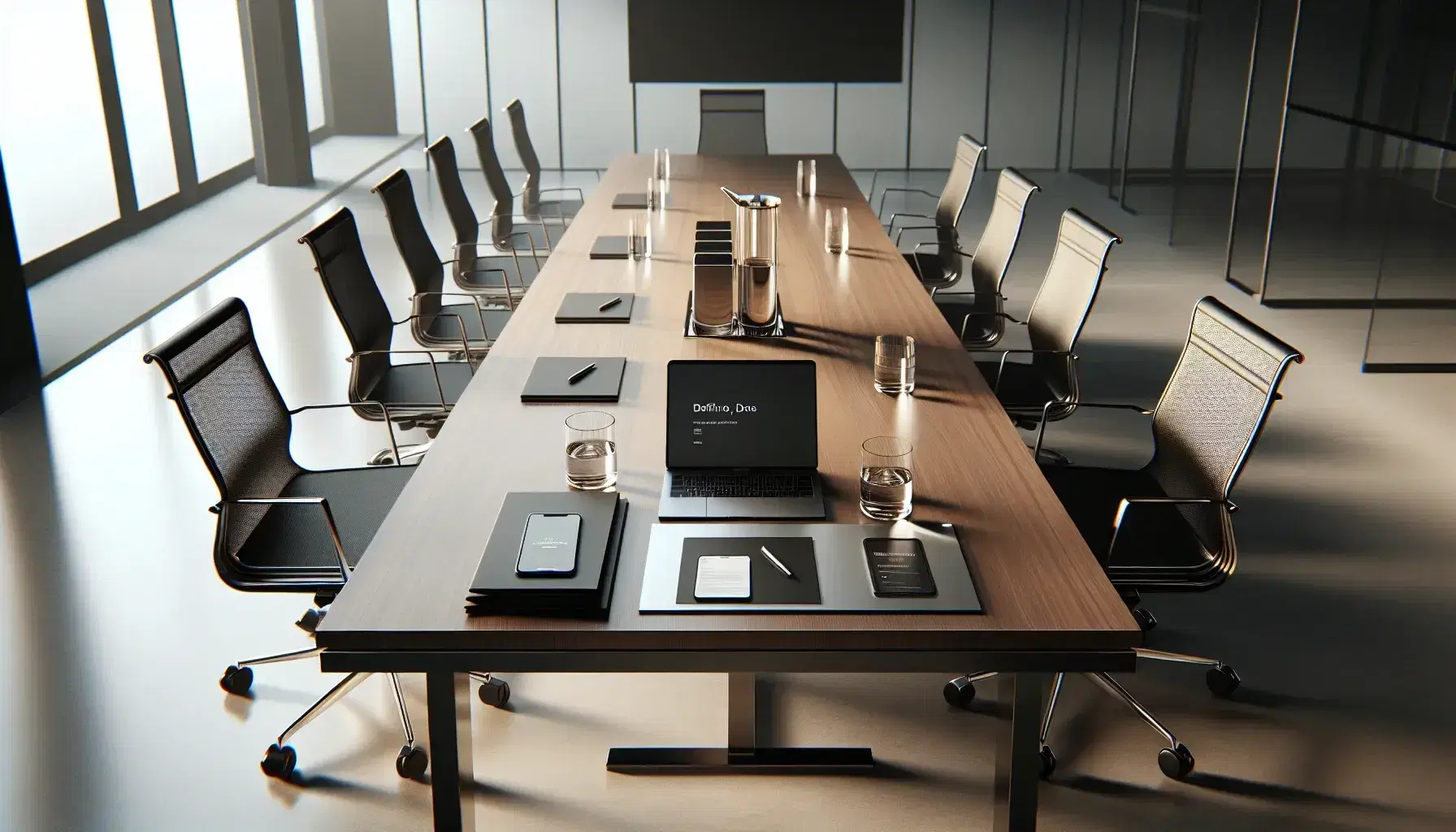 Modern office meeting room with a wooden conference table, ergonomic chairs, laptop, paper stack, smartphone, and water pitcher with glasses, against a cityscape backdrop.