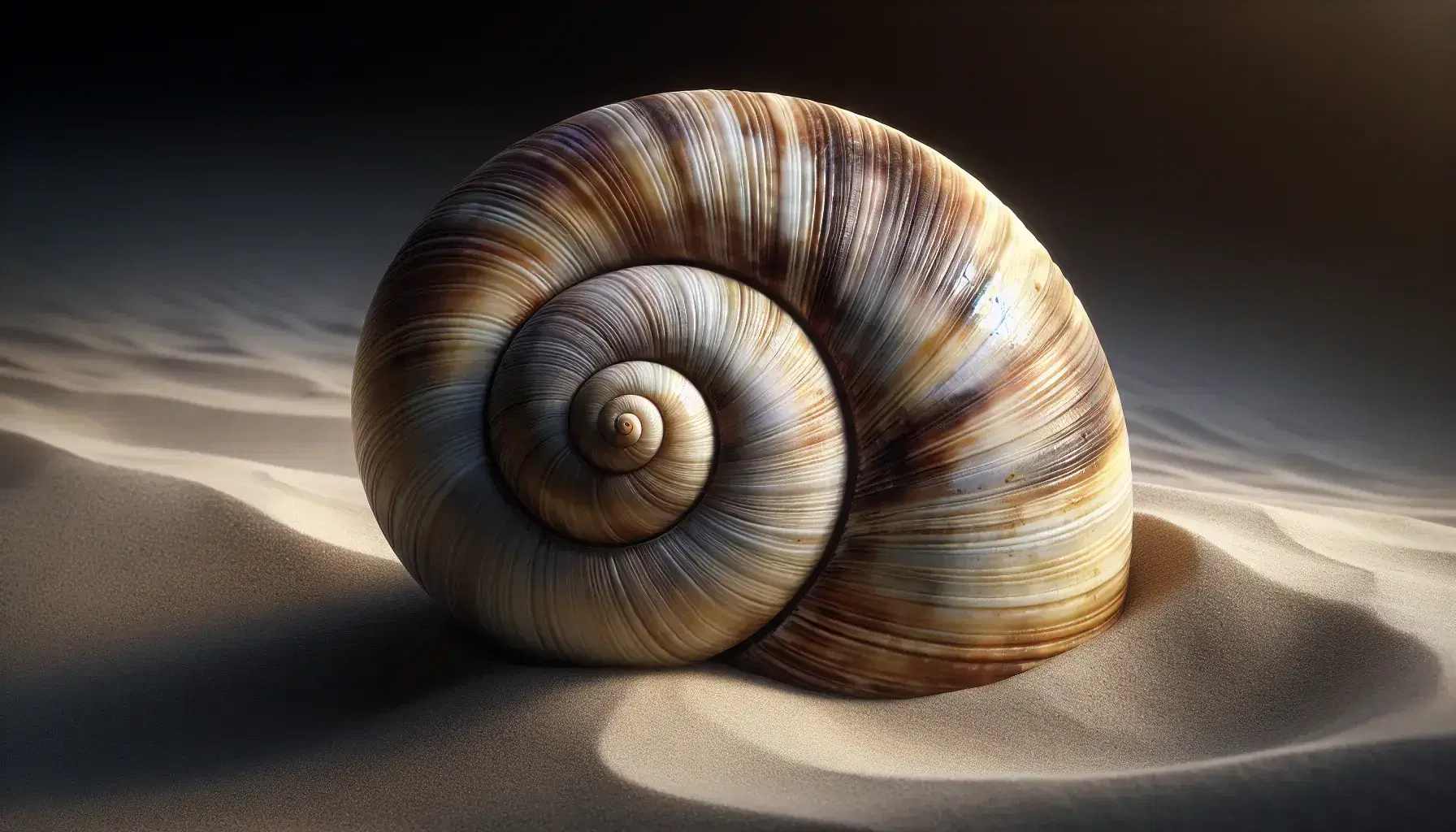 Close-up view of a logarithmic spiral shell with earthy tones on a smooth sandy surface, highlighted by natural lighting.