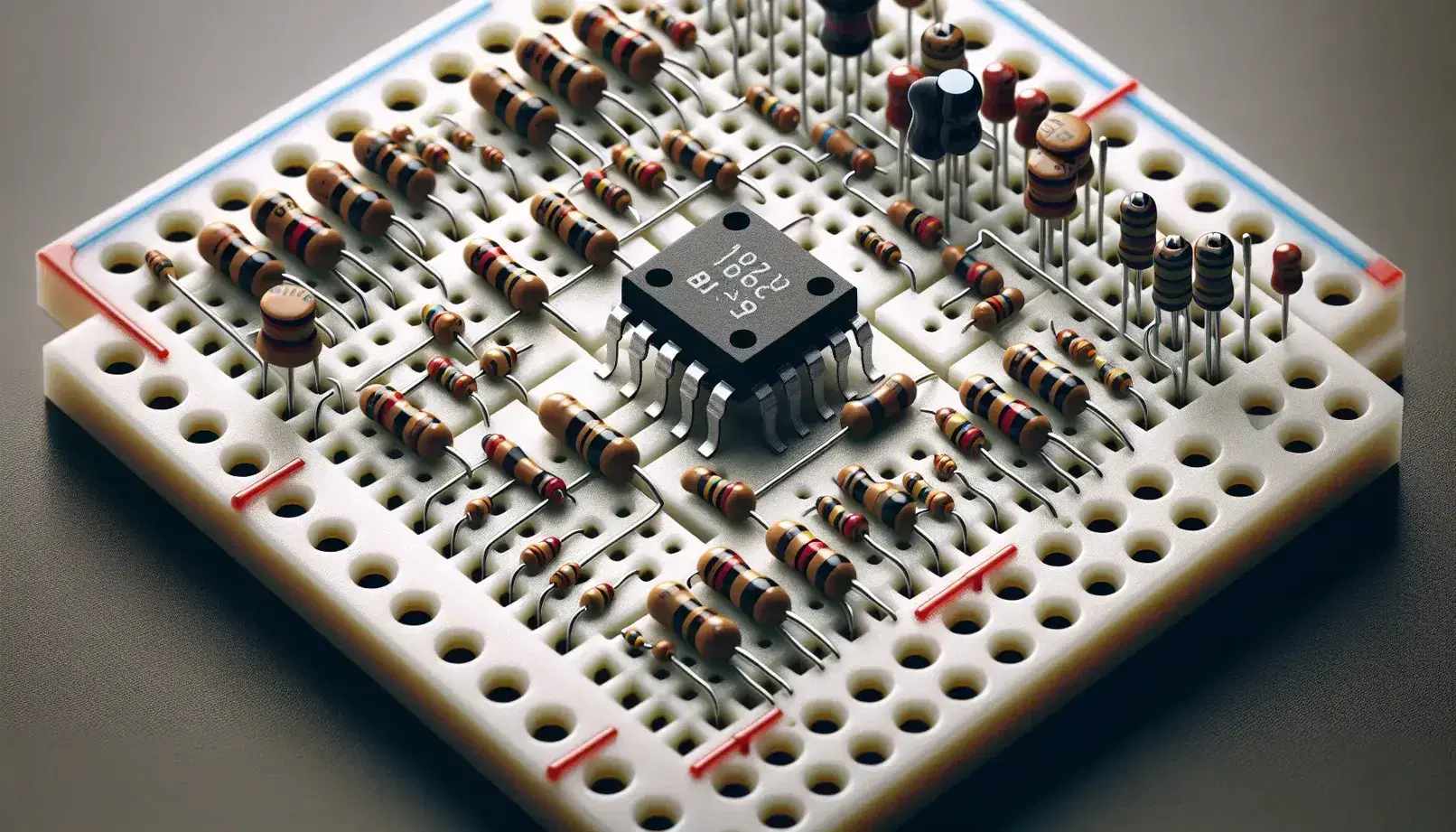 Close-up view of a breadboard circuit with an unmarked op amp, resistors with brown and red bands, orange ceramic capacitors, and neatly arranged jumper wires.