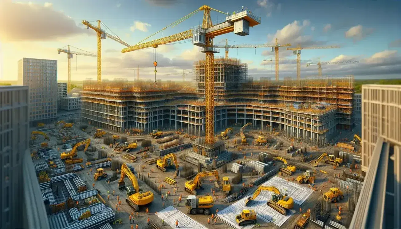 Cantiere edile con gru gialla, macchinari per movimento terra, operai in giubbotti arancioni e caschi che consultano progetti.