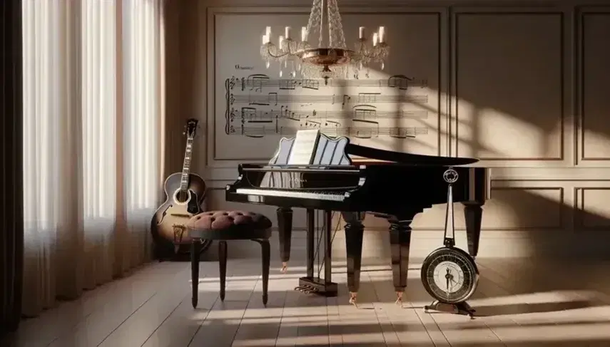 Pianoforte a coda nero lucido in una stanza illuminata naturalmente con metronomo, chitarra classica appesa, candelabro in ottone e poltrona in velluto rosso.