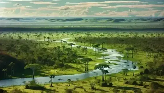 Paisaje de la Orinoquia con sabana verde, río serpenteante, palmas moriche, colinas suaves, cielo azul con nubes y figuras humanas y ganado cerca del agua.