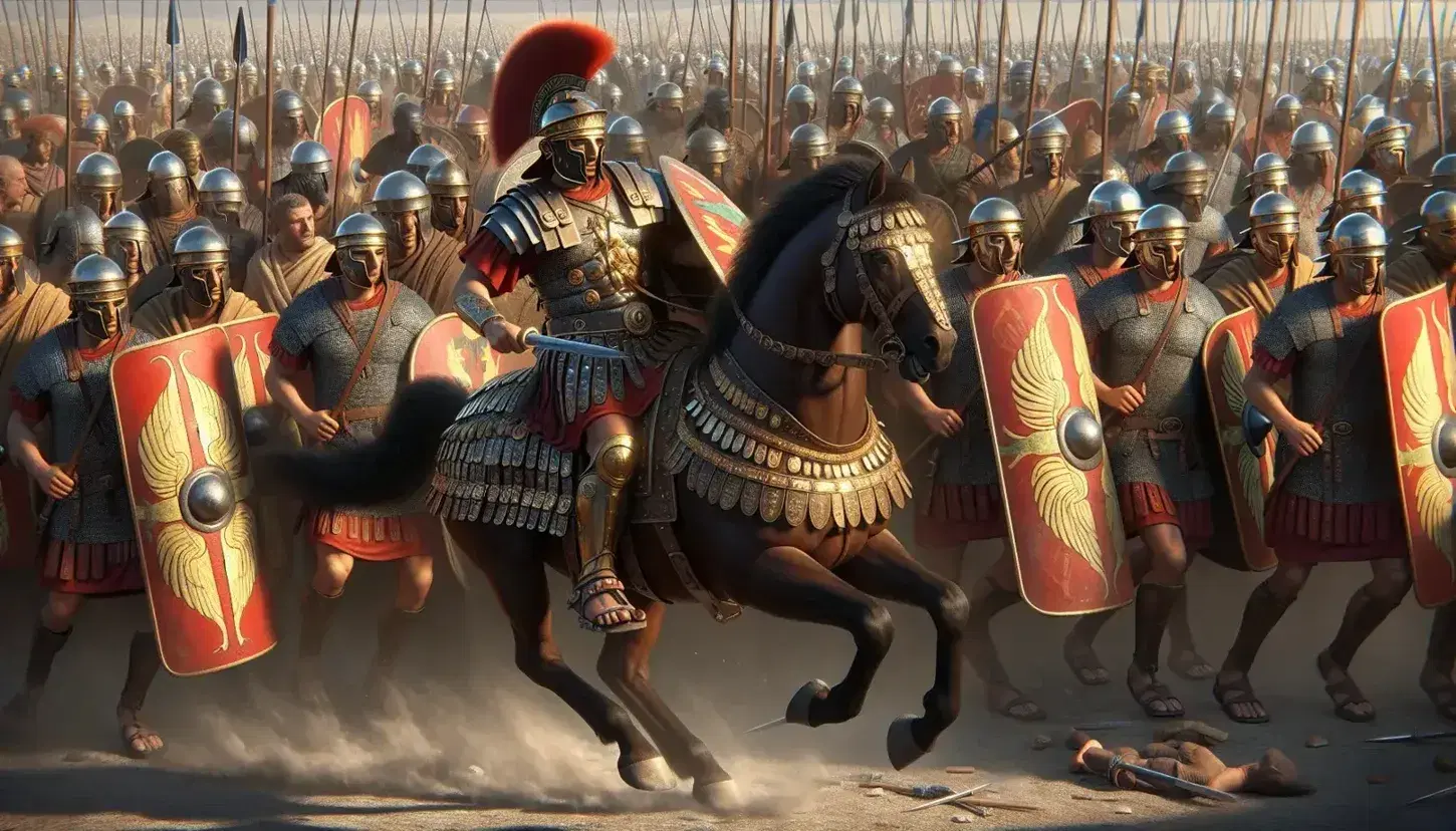 Scena di battaglia romana con generale a cavallo in armatura, legionari armati e tende da campo sullo sfondo sotto cielo azzurro.