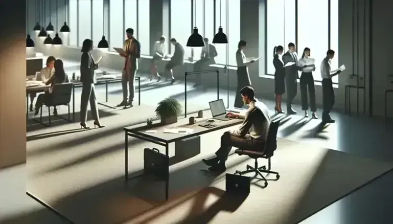 Persona seduta al lavoro davanti a laptop in ufficio illuminato, con colleghi in interazione sullo sfondo e dettagli di piante verdi.
