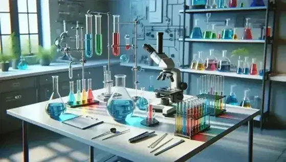 Laboratorio scientifico moderno con tavolo da lavoro, becher colorati, provette, microscopio e bruciatore Bunsen acceso.