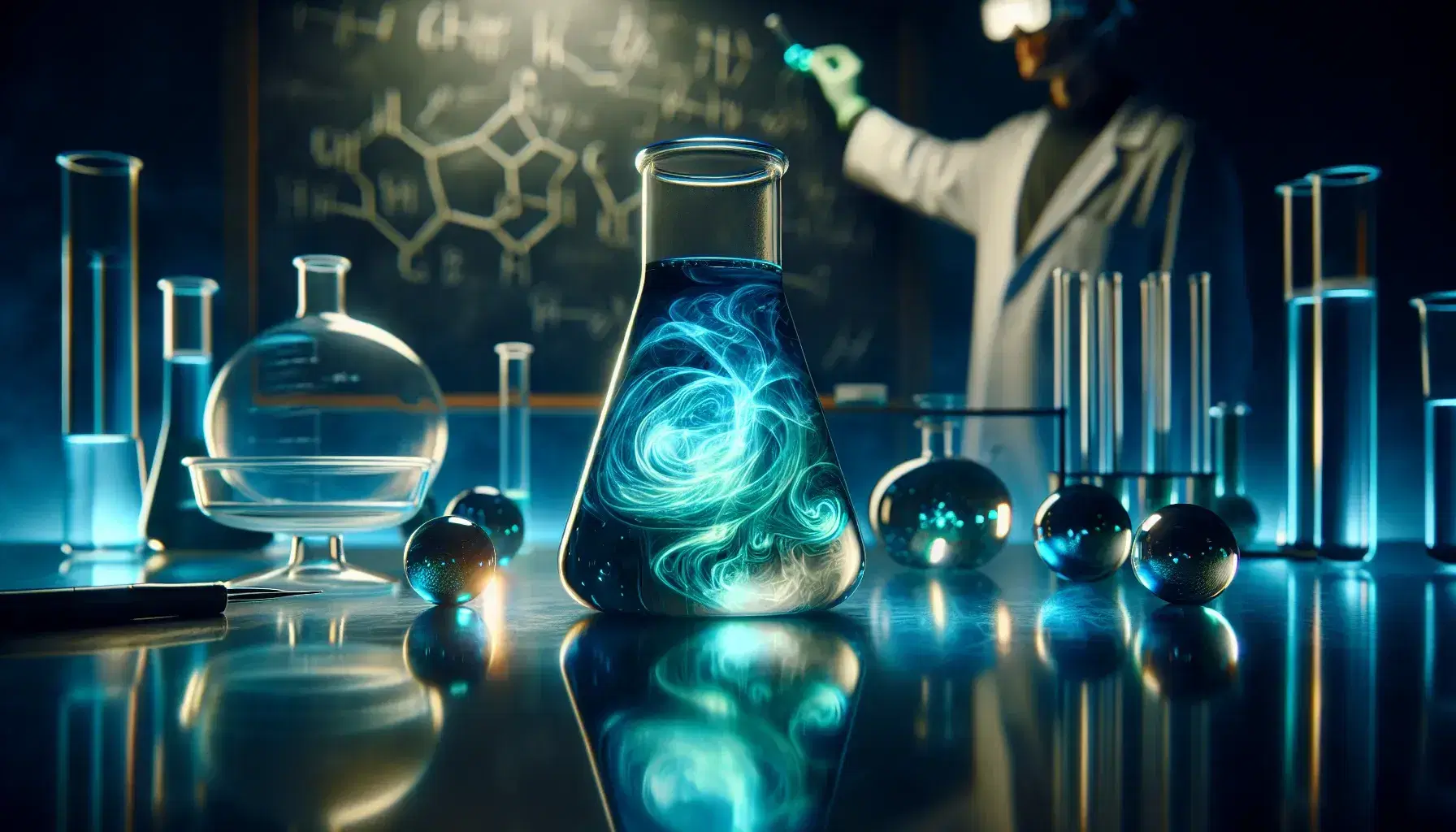 Laboratory scene with a luminescent blue liquid in a flask, a beaker with green liquid, metallic spheres in a petri dish, and a scientist examining another flask.