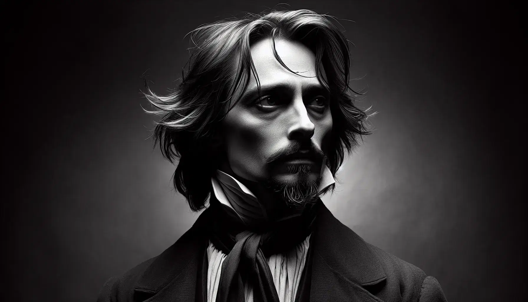 Ritratto in bianco e nero di uomo in stile Decadente, con sguardo lontano, barba sottile e abito d'epoca, espressione riflessiva.
