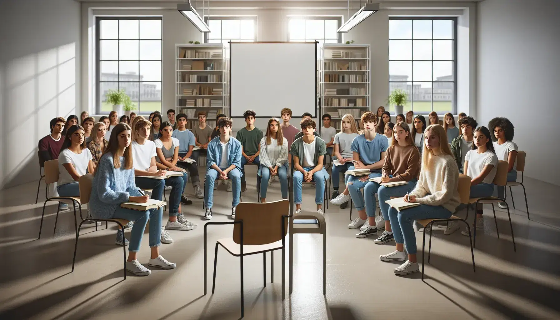 Grupo de adolescentes sentados en semicírculo en aula luminosa con pizarra blanca, escuchando atentamente, rodeados de plantas y estanterías con libros.