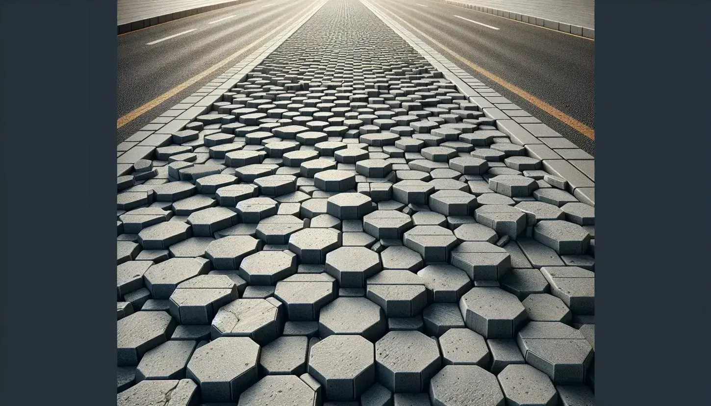 Calle empedrada con adoquines hexagonales grises, bordillos de hormigón y un montón de piedras apiladas, bajo una iluminación natural suave.