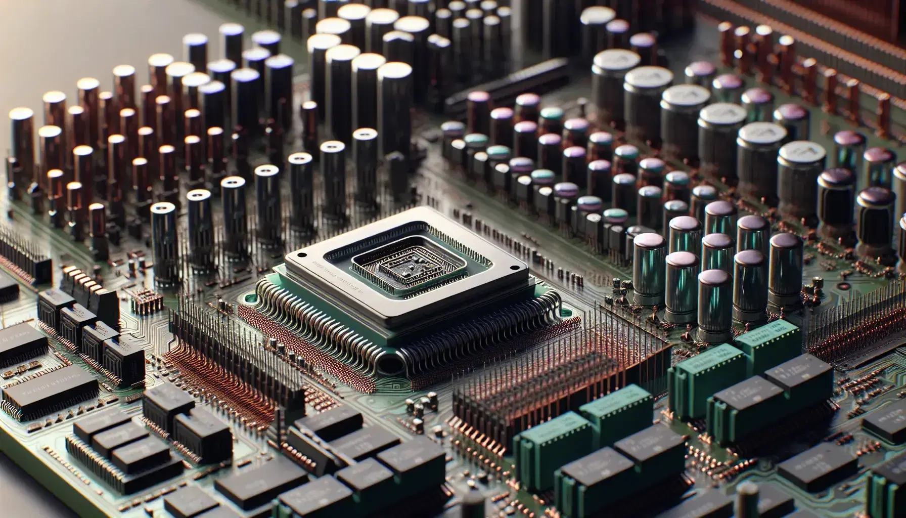 Close-up of a vintage computer motherboard with microprocessor, DIMM memory modules and a network of copper paths.