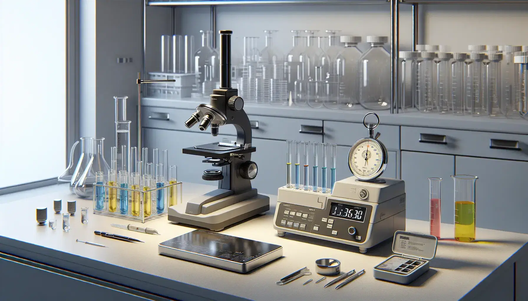 Laboratorio scientifico con microscopio nero, provette colorate, bilancia analitica digitale grigia e cronometro analogico su tavolo chiaro.