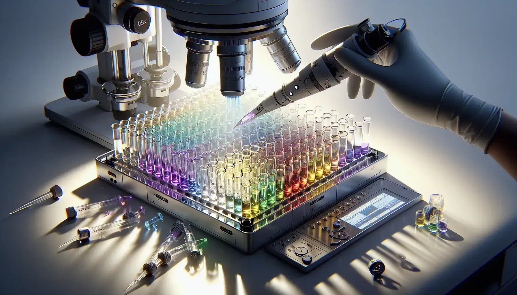 Set di provette in vetro con soluzioni colorate su supporto metallico, pipetta automatica in uso e microscopio moderno sullo sfondo.