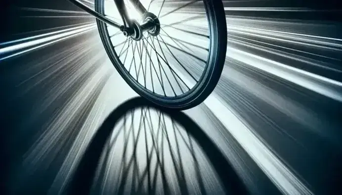 Rueda de bicicleta en movimiento con radios metálicos y reflejo de luz, neumático negro con línea reflectante y fondo borroso que sugiere velocidad.