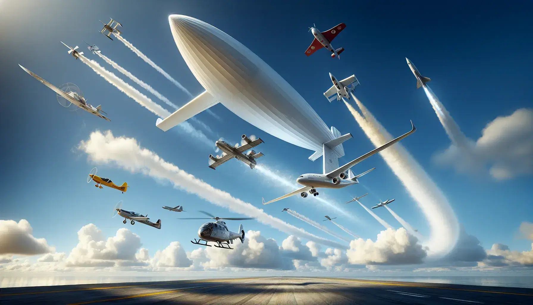 Planeadores, dirigibles, helicópteros y cohetes surcan un cielo azul con nubes esporádicas, reflejando la evolución de la ingeniería aeronáutica.